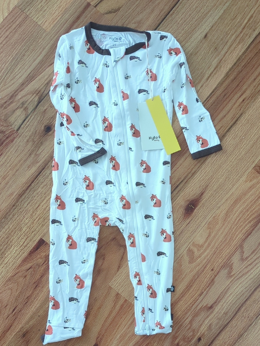 Kyte BABY White One-Piece with Orange Fox Print and Brown Trim